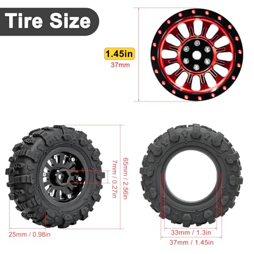 LRFHL 1.3" Beadlock Wheel Tires Aluminum for SCX24 TRX4M, 4PCS, Red | Upgraded 1.45-inch Wheel, 1/24 SCX24 1/18 TRX4M RC Crawler Car Upgrade - color: Black Tires+ Red Wheels-2