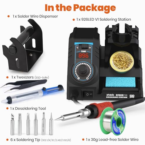 926LED V1 110W High-Power Soldering Station Iron Kit in Black with Temperature Control includes Lead-Free Solder, 6 Soldering Tips, ESD-Safe Tweezers, Solder Wire Dispenser, Tip Cleaner - color: Black