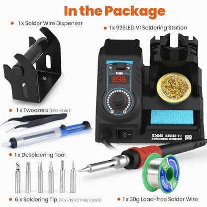 926LED V1 110W High-Power Soldering Station Iron Kit in Black with Temperature Control includes Lead-Free Solder, 6 Soldering Tips, ESD-Safe Tweezers, Solder Wire Dispenser, Tip Cleaner - color: Black