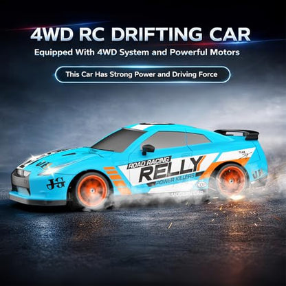 RC Drift Car Remote Control Car 2.4GHz 1:24 Scale 4WD 15KM/H High Speed Model Vehicle LED Lights Drifting Tire Racing Sport Toy for Adult Boys Girls Kids Gift 2Pcs Rechargeable Batterie - color: Light Blue