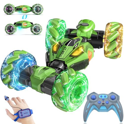 Gesture Sensing RC Stunt Cars - Toys for Boys Girls 6-12 | Best Gifts for Kids 6-12 Years Old | 4WD 360° Rotating Remote Control Transform Car | All-Terrain Off Road Vehicle with Lights Music Green