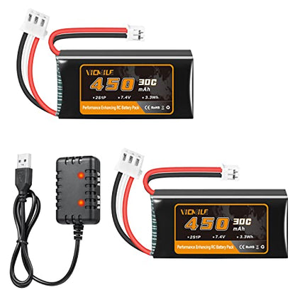 7.4V Lipo Battery 450mAh 2S 30C Rechargeable Lipo Battery with PH2.0 Plug SCX24 Small Lipo Battery Fit for Most 1/10, 1/16, 1/18, 1/24 Scale RC Cars Trucks with 1to2 USB Charger