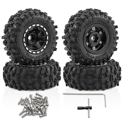 1.0" Beadlock Aluminum Wheels and 51mm Soft Rubber Tires | for SCX24, TRX4M, Ascent 18, FCX24, 1/18 1/24 RC Crawler, 7mm Hex, 0mm Offset, with Foam Inserts, (Black 101) - color: Black 101