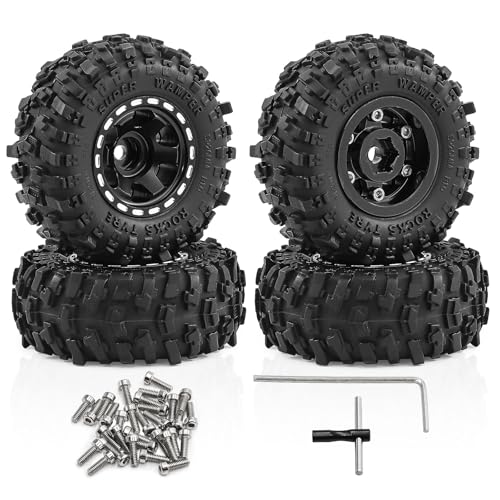 1.0" Beadlock Aluminum Wheels and 51mm Soft Rubber Tires | for SCX24, TRX4M, Ascent 18, FCX24, 1/18 1/24 RC Crawler, 7mm Hex, 0mm Offset, with Foam Inserts, (Black 101) - color: Black 101