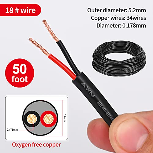 18 Gauge 2 Conductor PVC Cord, Oxygen-Free Copper Cable, 50FT Pure Copper Electrical Wire for LED Lamp Lighting Strips, Automotive - size: 50FT, style: 18AWG-2C