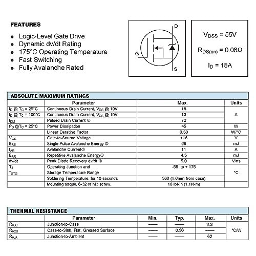 IRLZ24N IRLZ24 MOSFET Transistors 55V 18A IRLZ24NPBF N-Channel Mosfets Transistor 55 Volt 18 Amp TO-220 (Pack of 10pcs) - style: RLZ24N
