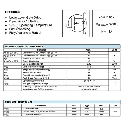 IRLZ24N IRLZ24 MOSFET Transistors 55V 18A IRLZ24NPBF N-Channel Mosfets Transistor 55 Volt 18 Amp TO-220 (Pack of 10pcs) - style: RLZ24N