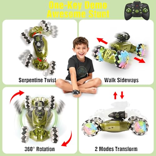Gesture Sensing Remote Control Car, RC Cars Toys for Boys Age 6-12, 4WD Hand Controlled Twist & Transform 360° Spins Stunt Car with Mist, Light & Music, 8-10 Year Old Boys Birthday Gift Green - color: Green