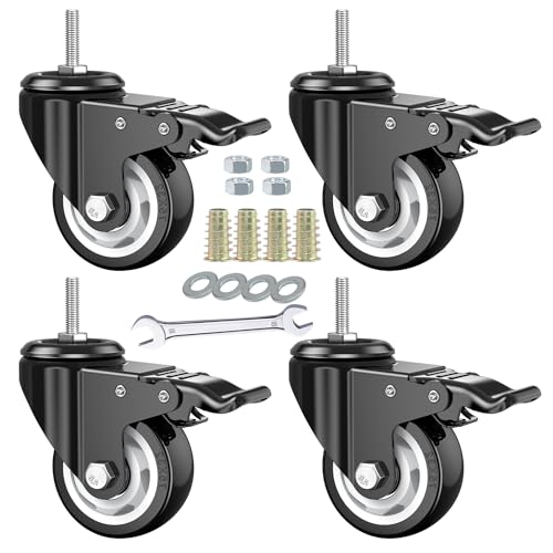 3 Inch Stem Casters, DICASAL Double Brakes Black PU Imperial Inch 5/16"-18x1 Screw Thread 360° Swivel Caster Wheels for Furture Carts DIY Stands 4 Pack - style: 3 Inch