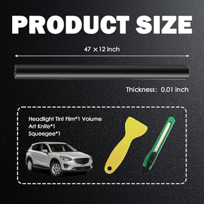 12×47" Car Headlight Tint Film,Self Adhesive Taillight Tint Film for Headlights/Fog Lights/Tail Lights,Waterproof Non-Marking Tail Light Tints Films Kit with Squeegee & Cutter (Black) - color: Black