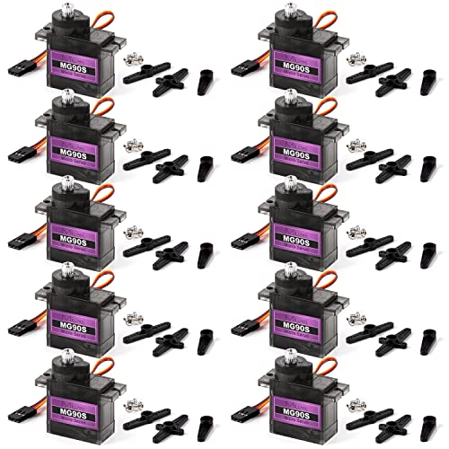 Miuzei MG90S 9G Micro Servo Motor Metal Gear for RC Plane Robot Arduino(10) | 2.0 kg.cm Torque, 0.08sec/60° Speed. 9 gram Mini Digital 180 Degree Steering Servo Kit for Helicopter Airplane Car Boat Diy