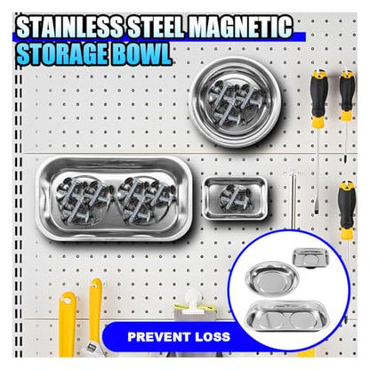 3PCS Magnetic Tray Holder, Stainless Steel Extra Strong Magnetic Bowl Parts Tray Set for Screws, Nuts, Bolts, Sockets, Pins – Mechanic Tool Metal Parts Organizer for Automotive Repair(Round&Rectangle)