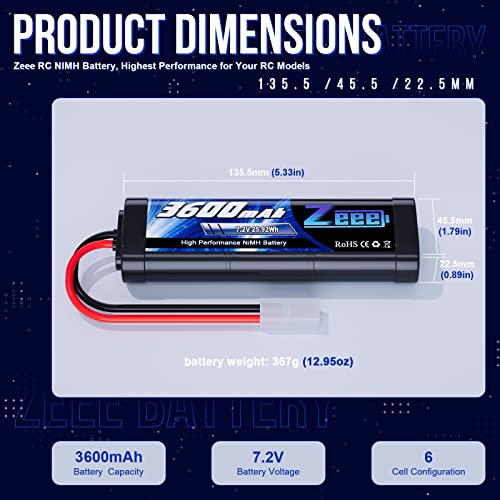 Zeee 7.2V NiMH Battery 3600mAh RC Battery with Tamiya Connector | High Power for RC Car RC Truck Associated HPI Losi Kyosho Racing Hobby