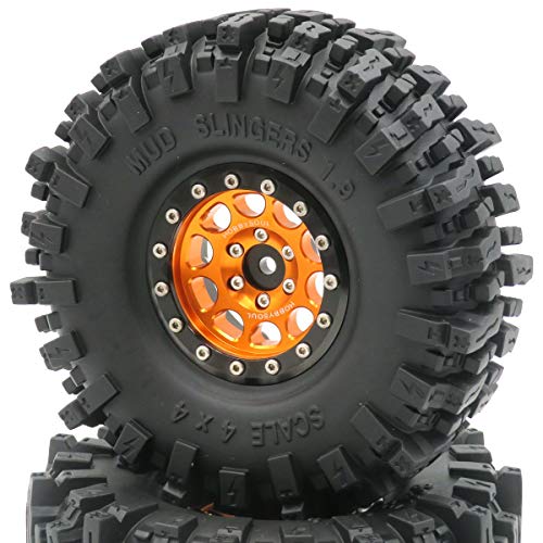 RC Soft Sticky 1.9 Mud Slingers Tires 120mm & 1.9 Beadlock Wheels Orange Black Rims, 1.9 Crawler Tires and Wheels for 1/10 rc Crawler Traxxas TRX4 Axial SCX10 Gen8, (4-Pack) - color: Orange & Black