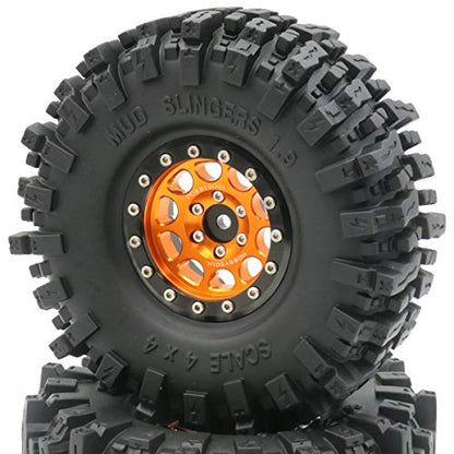 RC Soft Sticky 1.9 Mud Slingers Tires 120mm & 1.9 Beadlock Wheels Orange Black Rims, 1.9 Crawler Tires and Wheels for 1/10 rc Crawler Traxxas TRX4 Axial SCX10 Gen8, (4-Pack) - color: Orange & Black