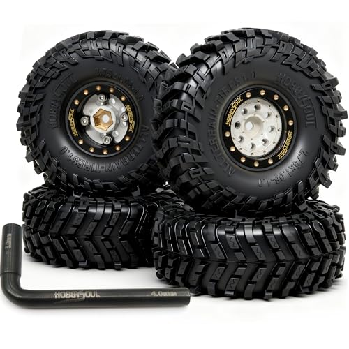 HOBBYSOUL 70 * 27mm All Terrain 1.0 Tires & Brass 1.0 beadlock Wheels Set - Adjustable Offset 1.0 Wheel and Soft Sticky 1.0‘’ tire for RC Crawler TRX4M SCX24 Upgrades, Black & White - color: Black & White