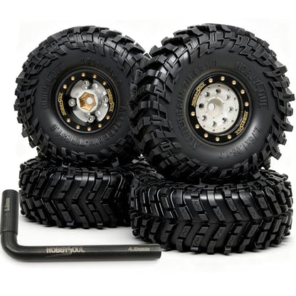 HOBBYSOUL 70 * 27mm All Terrain 1.0 Tires & Brass 1.0 beadlock Wheels Set - Adjustable Offset 1.0 Wheel and Soft Sticky 1.0‘’ tire for RC Crawler TRX4M SCX24 Upgrades, Black & White - color: Black & White