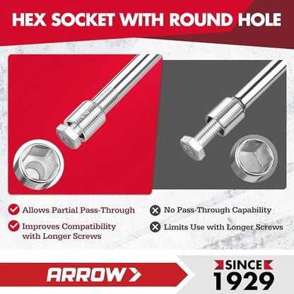 ARROW 7 PCS SAE Nut Driver Set with 1-Inch Hollow Shaft | Non-Slip Grip, Cr-V Steel, Hex Sizes 3/16, 1/4, 5/16, 11/32, 3/8, 7/16, 1/2-Inch, Easy for Tightening and Unscrewing