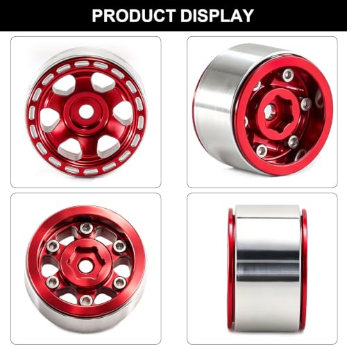 1.0" Beadlock Aluminum Wheels and 63mm Soft Rubber Tires | for SCX24, TRX4M, Ascent 18, FCX24, 1/18 1/24 RC Crawler, 7mm Hex, 0mm Offset, with Foam Inserts, (Red 345) - color: Red 345