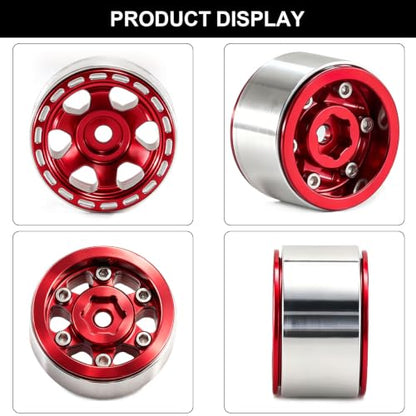 1.0" Beadlock Aluminum Wheels and 63mm Soft Rubber Tires | for SCX24, TRX4M, Ascent 18, FCX24, 1/18 1/24 RC Crawler, 7mm Hex, 0mm Offset, with Foam Inserts, (Red 345) - color: Red 345