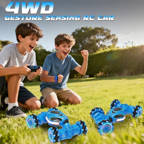 Gesture Sensing RC Stunt Car, Remote Control 2.4GHz 4WD Hand Controlled Car | Toys Gift for Boys and Girls Ages 6-12, 360° Rotating RC Cars with Lights and Music, Ideal Birthday and Xmas Gift - color: Blue