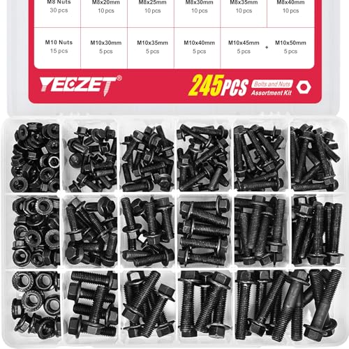 Flanged Bolts and Nuts Kit, Black Alloy Steel Grade 10.9, 245 Pieces, M6 M8 M10, Hex Flange Head, Black Oxide Finish - color: 245PCS M6 M8 M10 Bolts and Nuts Kit