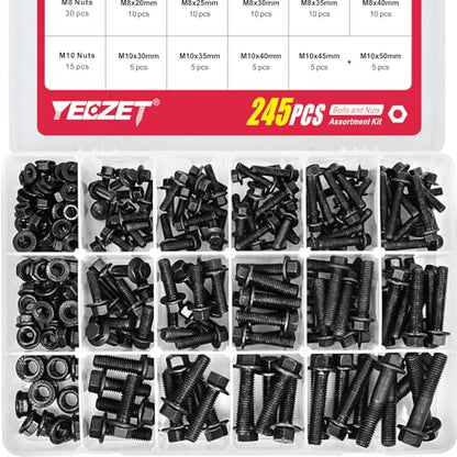 Flanged Bolts and Nuts Kit, Black Alloy Steel Grade 10.9, 245 Pieces, M6 M8 M10, Hex Flange Head, Black Oxide Finish - color: 245PCS M6 M8 M10 Bolts and Nuts Kit
