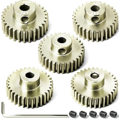5Pcs 48P Aluminum Alloy Pinion Gear Set 3.175mm 28T 29T 30T 31T 32T Motor Pinion Gear W/ M4 Screw and Hex Key, Fit 3.175mm (1/8-Inch) Shaft, for Arrma HPI Kyosho Losi Axial Traxxas Tamiya 1/10 RC Car - size: 48P-P-3.175mm-28-32T