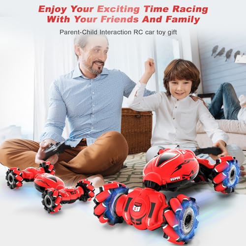 Fosgoit RC Car Toys for Boys Girls 6-12, Birthday Xmas Gifts for 6 7 8 9 10 11 12 Years Old, Gesture Sensing RC Stunt Car with Lights Music 2.4GHz 4WD Hand Remote Control 360° Rotate All-Round Drift - color: Red-black