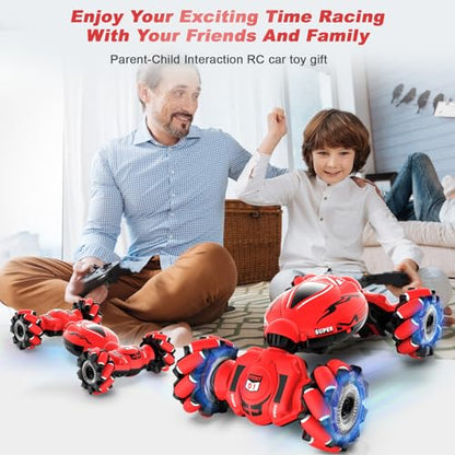 Fosgoit RC Car Toys for Boys Girls 6-12, Birthday Xmas Gifts for 6 7 8 9 10 11 12 Years Old, Gesture Sensing RC Stunt Car with Lights Music 2.4GHz 4WD Hand Remote Control 360° Rotate All-Round Drift - color: Red-black