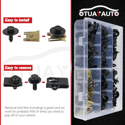 OTUAYAUTO 150PCS Car Screws and Bolts - Undertray Screws, Fender Screws,Car Clips Plastic Rivet Fasteners, Universal U-Nuts Kit Engine Under Cover Splash Shield Guard Body Bolts - size: 150Pcs 5 Sizes Clips