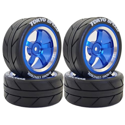 1/10 On Road Racing Tires And 5-Spoke Aluminum Wheels 12mm Hex OD 2.56" RC Touring Tyres For 1:10 Rally Street Drift Car Tamiya TT01 TT02 XV01 A959 PTG2 KYOSHO HSP Traxxas 4PCS (Blue) - color: Blue