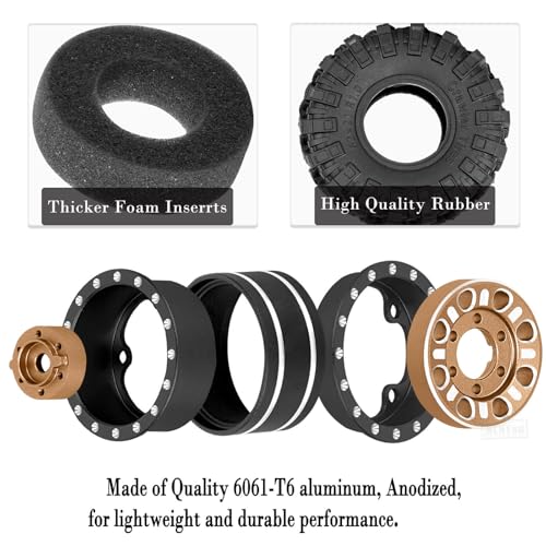 RC 1.0 Beadlock Wheels and Tires for 1/18 1/24 Trx4m SCX24 FMS FCX24 RC Crawler Car,Aluminum 4pcs RC Wheel Rim Soft Rubber Tires,RC Wheels 1.0,Brown - color: Brown (1.0 in Tires)