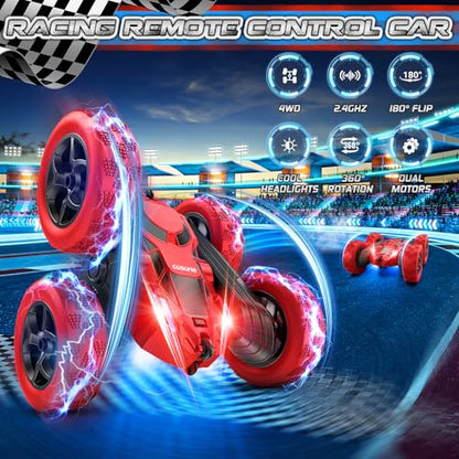 cosone Remote Control Car for Boys - Car Toy for Kids Age 6 7 8 9, 4WD 2.4Ghz Double Sided 360° Rotating RC Cars with Headlights, Christmas Birthday for Boys and Girls - Red - color: Red