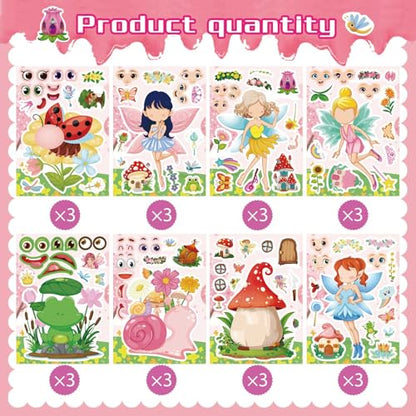 24 PCS Fairy Stickers for Kids, Make a Face Sticker, Make Your Own Stickers | with 8 Unique Designs Fairy, Frog, Mushroom, Birthday Party Favors for Girls , Goodie Bags, DIY Crafts - style: Fairy