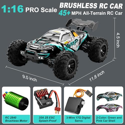 1:16 Scale Brushless RC Car for Adults, 45+ MPH High Speed, 4WD Waterproof Off-Road All-Terrain RC Truck with 2 Batteries & 2.4GHz Controller (1:16 Scale Brushless)