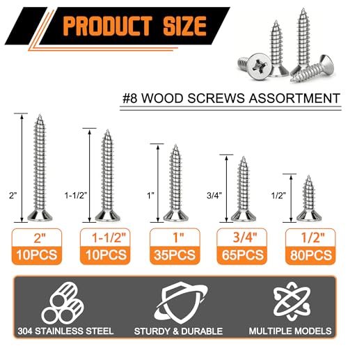 Dianrui 200 PCS 304 Stainless Steel Screws, #8 Wood Screws Assortment Kit, Phillips Drive Sheet Metal Screw Set Marine Grade Length 1/2" to 2" - size: 200PCS-SV