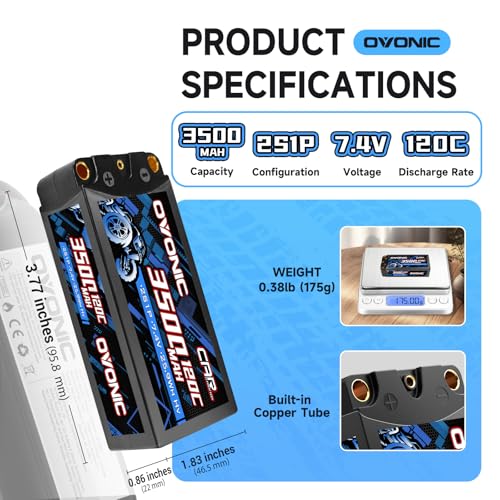 OVONIC 2S HardCase Lipo Battery 7.4V 3500mAh 120C with 5.0 Bullet Dean-Style T Connector for RC Car Truck Vehicles Boat Drone Airplane Quadcopter Helicopter FPV Racing Hobby Models 2 Batteries