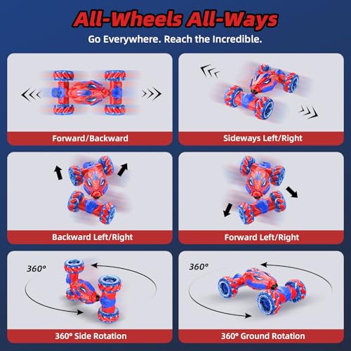 Unique 4WD 360° Rotating Gesture Sensing RC Stunt Car, Double‑Sided Driving RC Drift Car with Lights, Music & Spray, Kids Outdoor Cars Toys for Ages 6-12, Gifts for Boys 6-12,2 Replaceable Batteries - color: Red-spider