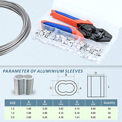 iCrimp Wire Rope Crimper Cutter Set with 150pcs Ferrules | Fits 0.1–2.2mm oval & double sleeves for cable railing DIY, compact ratchet swaging pliers