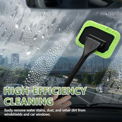 Car Windshield Cleaning Tool, Car Windshield Window Cleaner Set with Detachable Handle & 2 Reusable Microfiber Pads & Spray Bottle, Universal Auto Window Glass Cleaning Kit (Green) - color: Green