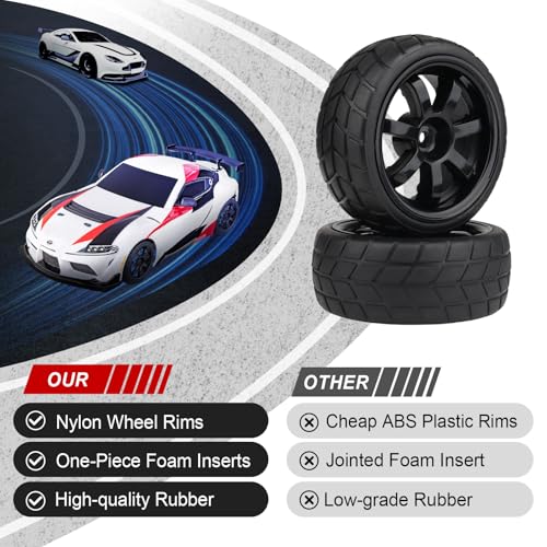 Hobbypark 4Pcs 26mm 1/10 RC Touring Car Tires & 12mm Hex Hub Wheel Rims 7 Spoke Foam Inserts for Redcat Racing HPI Tamiya HSP Exceed
