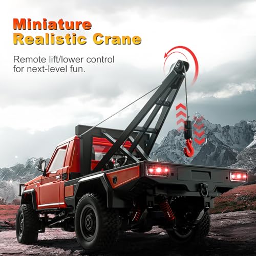 RC Truck with Crane, 1:12 Scale RC Crawler, MN-82T Remote Control Car, 2.4GHz 4WD All Terrain Off Road Pickup Truck Wrecker Vehicle with Lights for Adults (Red) - color: Red
