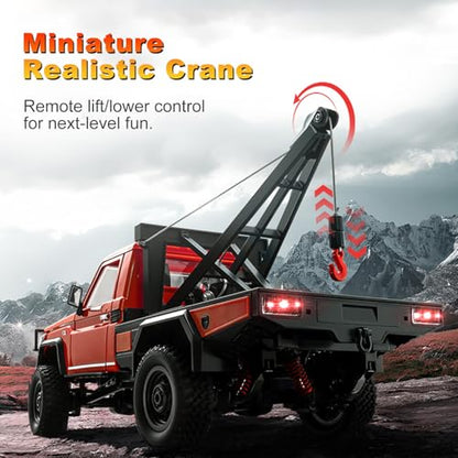 MN82T RC Crawler, 1:12 Scale LC79 4WD RC Crawler with Crane | Crane One‑key Hook, Lights, Speed Adjustment, Tires All Terrain Wrecker, 2 Batteries 2.4GHz Rock Crawler for Hobbyists - color: Red