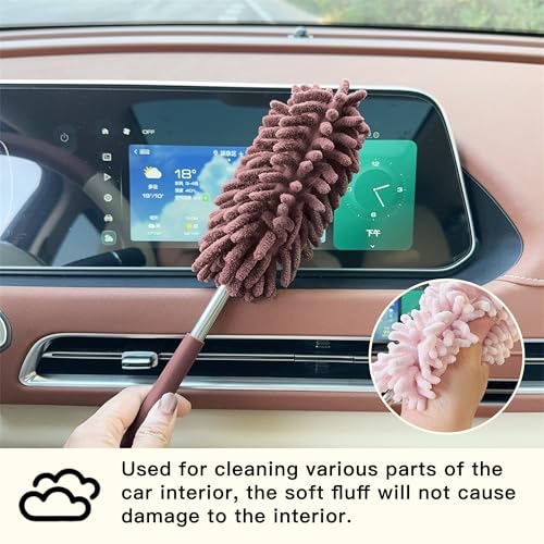 2PCS Car Interior Duster with Extension Pole, Microfiber Retractable Dusters Auto Dash Cleaning Tool, Soft Chenille Hand Washable Dusters for Vehicle Window Office Furniture (Brown) - color: Brown