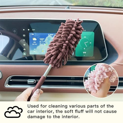 2PCS Car Interior Duster with Extension Pole, Microfiber Retractable Dusters Auto Dash Cleaning Tool, Soft Chenille Hand Washable Dusters for Vehicle Window Office Furniture (Brown) - color: Brown