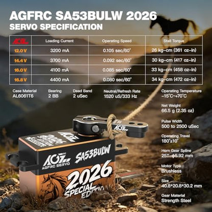 AGFRC 34KG 16.8V Waterproof Low-Profile RC Servo (A53BULW 2026) | 0.073Sec, 4S Direct Power, Brushless, Programmable, Fits 1/10 & 1/8 RC Cars/Trucks, 2026 Special Edition