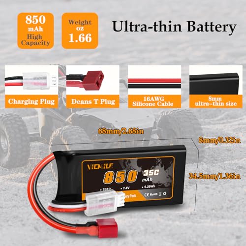 7.4V Lipo Battery Super Thin 2S 850mAh RC Battery with Dean-Style T Plug 35C High Discharge Rate Rechargeable Fit for DEERC WLtoys HBX Most 1/10 1/16 1/18 1/24 Scale RC Car Truck