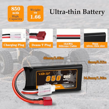 7.4V Lipo Battery Super Thin 2S 850mAh RC Battery with Dean-Style T Plug 35C High Discharge Rate Rechargeable Fit for DEERC WLtoys HBX Most 1/10 1/16 1/18 1/24 Scale RC Car Truck