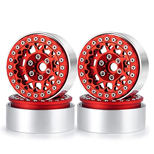 RCLIONS 1.9inch Beadlock Wheels Aluminum Rims for 1/10th RC Crawler Car - color: Red